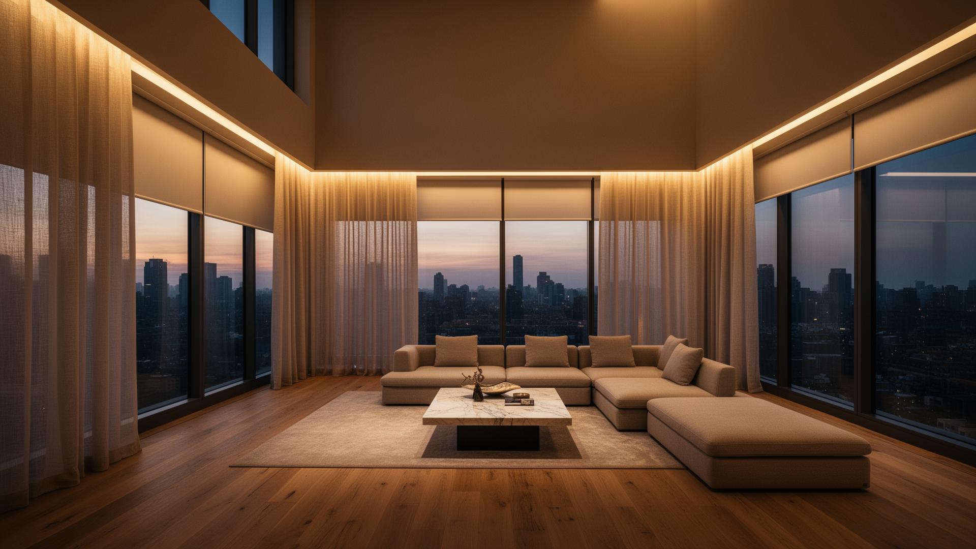 Architectural luxury living room with custom blinds and curtains