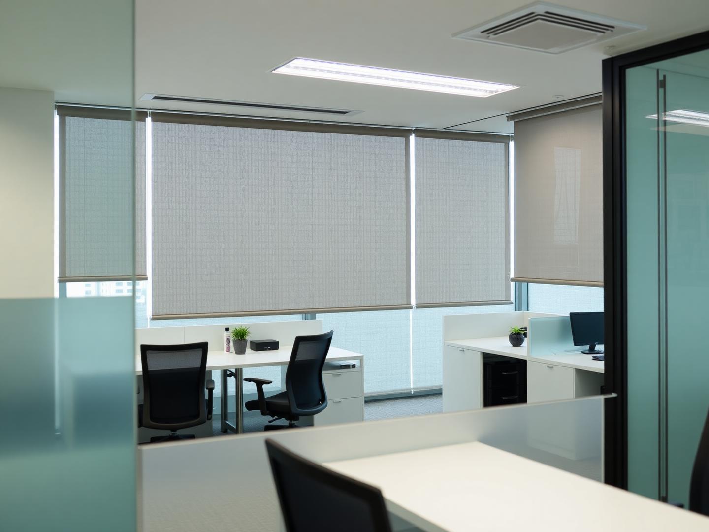 Office roller blinds across glass-walled workspace