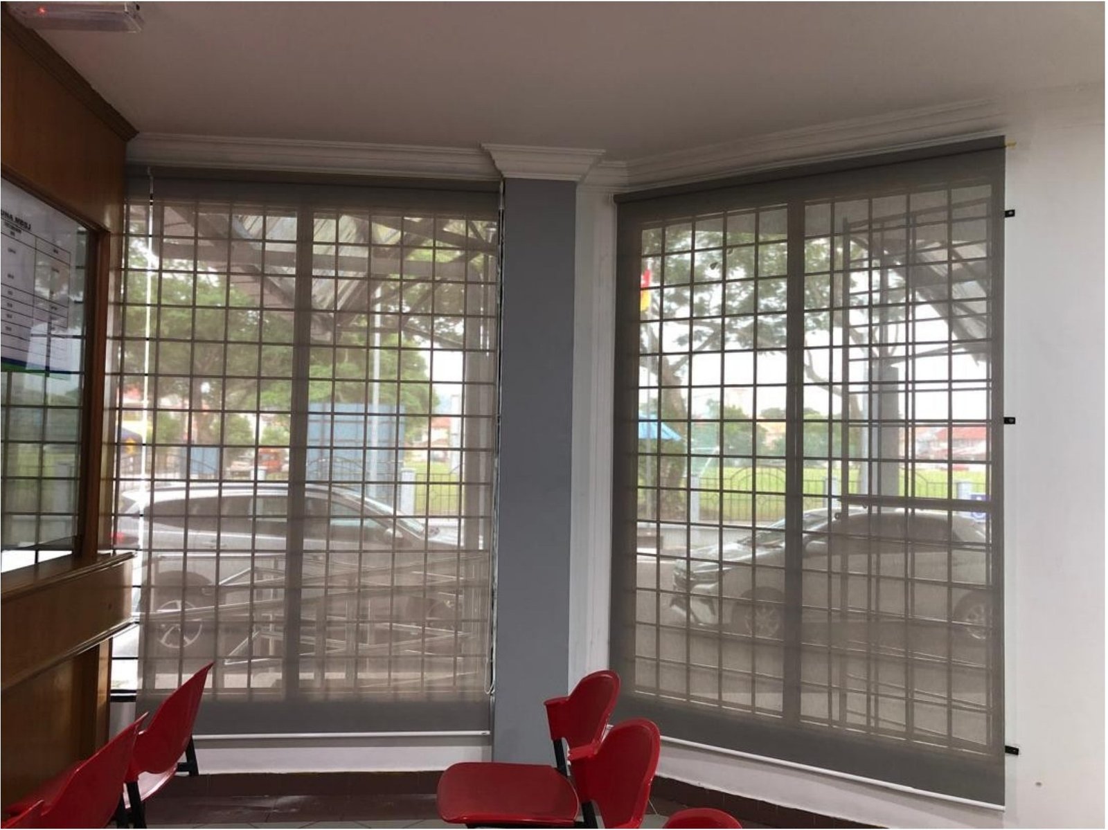 Bay-window roller blinds with grilled windows, Subang Jaya office